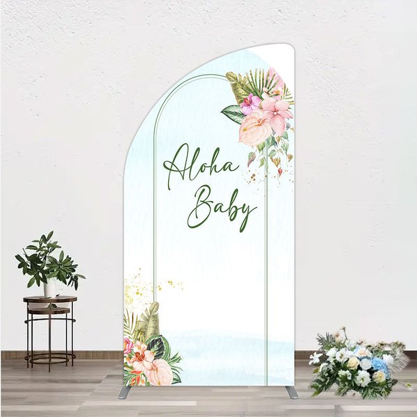 Aperturee Aloha Baby Shower Half Moon Arch Backdrop, Tropical Hawaiian Floral and Palm Leaves, Luau Themed Party Photo Booth Decor, 1.6x4ft (50x120cm)