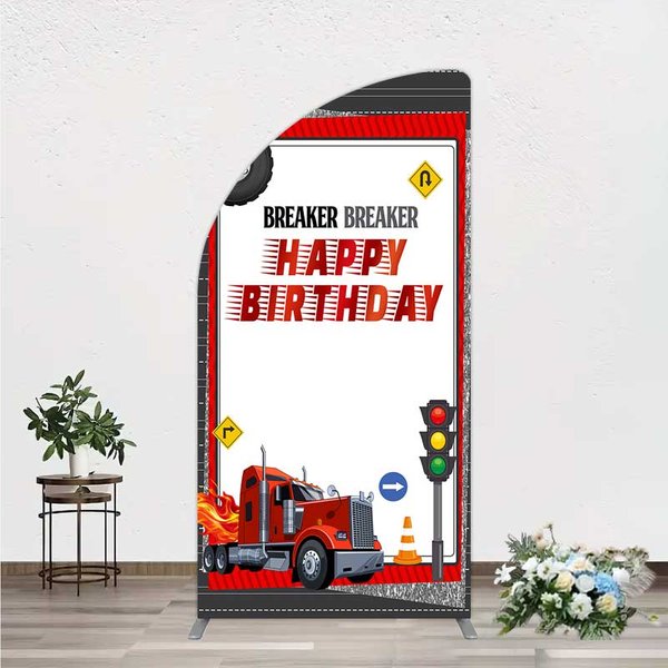 Aperturee Red Semi Truck Arch Backdrop, Transportation Theme Prop, Arch Cover Background