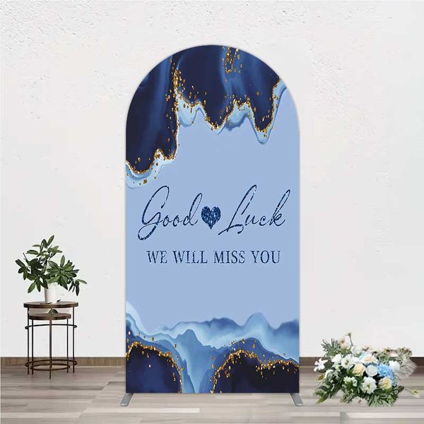Aperturee Good Luck We Will Miss You Retirement Arch Backdrop, Blue and Gold Agate, Elegant Farewell Party Decorations, 1.6x4ft (50x120cm), 98.18 US