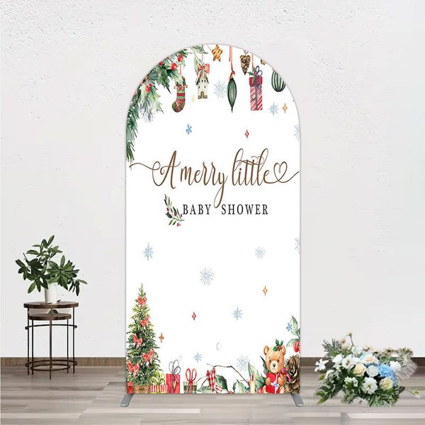 Aperturee Merry Little Baby Shower Arch Backdrop Christmas Tree Bear Party Decoration Winter Holiday Ornament Background Photo Prop