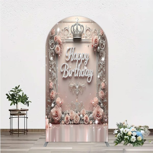 Aperturee Princess Happy Birthday Arch Backdrop, Royal Pink and Silver with Crown, Elegant Queen Themed Party Decor, 1.6x4ft (50x120cm)