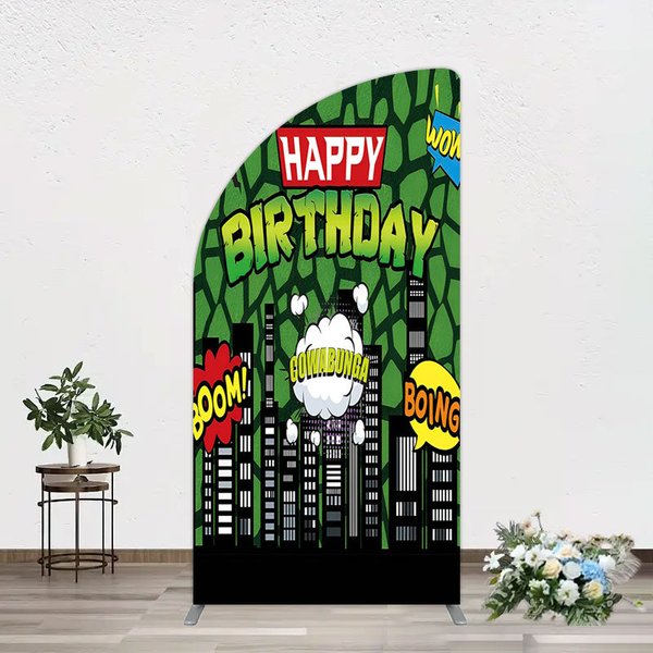 Aperturee Modern Buildings Cartoon Birthday Half Moon Arch Backdrop, 1.6 x 4 ft (0.5 x 1.2 m), 98.18 USD, arch backdrop kit, GAMZ0313YL-AJ