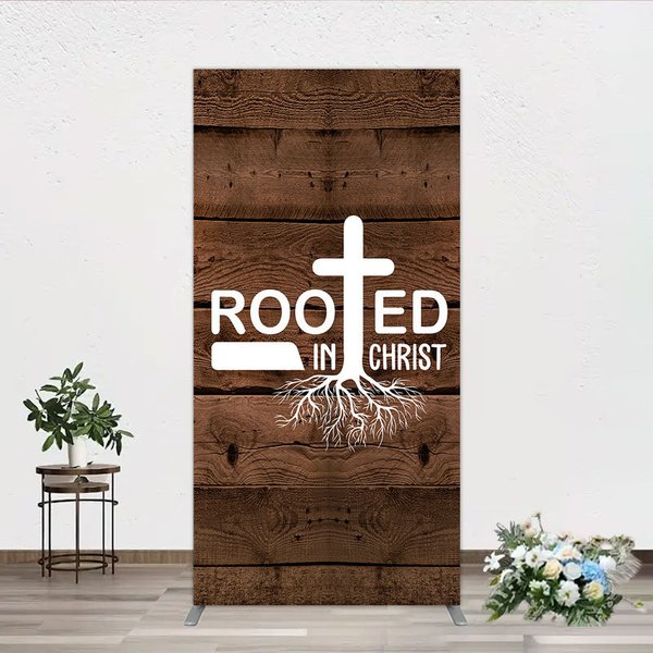 Aperturee Rooted In Christ Religious Holiday Rectangle Backdrop, Dark Wood Texture Cross Party Cover
