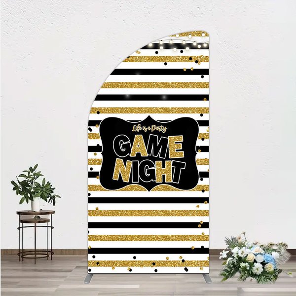 Aperturee Game Night Party Half Moon Arch Backdrop in Black and Gold Glitter, Life is a Party Theme, Adult Birthday Photo Booth Decor