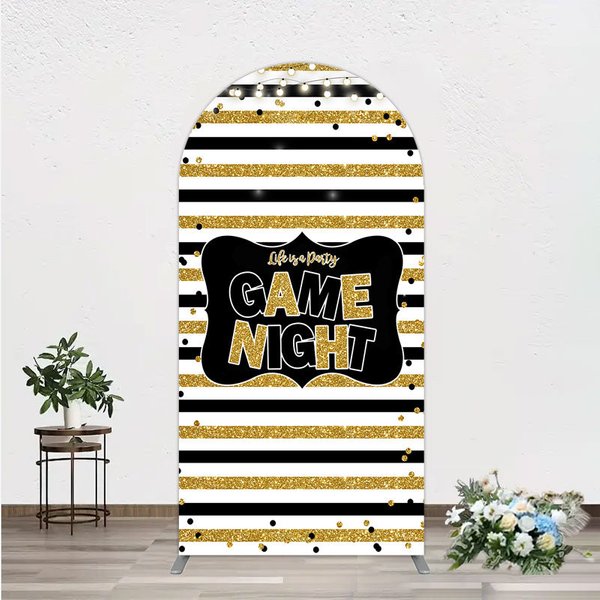 Aperturee Game Night Party Arch Backdrop in Black and Gold Glitter, Life is a Party Theme, Adult Birthday Photo Booth Decor, 1.6x4ft (50x120cm)