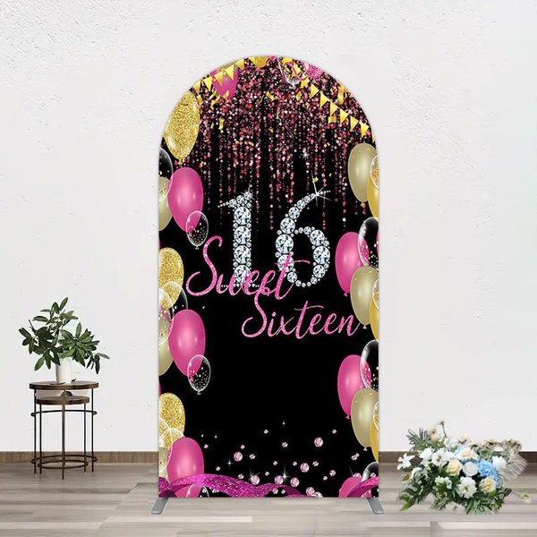 Aperturee Glitter Balloons Sweet 16 Birthday Arch Backdrop, 1.6 x 4 ft (0.5 x 1.2 m), 98.18 USD, arch backdrop kit, GHJ07162-AJ