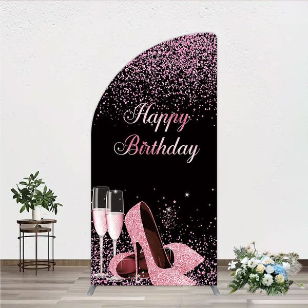 Aperturee Happy Birthday Half Moon Arch Backdrop for Her, Pink Glitter High Heels and Champagne, Fabulous Women's Party Photo Prop, 1.6x4ft (50x1