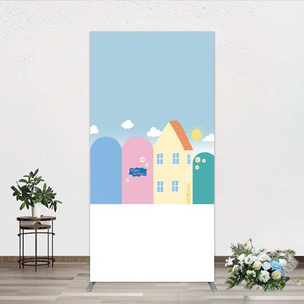 Aperturee Happy Birthday Cartoon Houses Arch Backdrop Simple Blue Sky with Sun and Clouds Background, Professional Kids Photo Prop