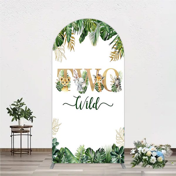 Aperturee Two Wild Safari Animals Birthday Arch Backdrop, Jungle Tropical Palm Leaves 2nd Birthday Party Background for Photo Studio