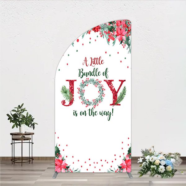 Aperturee A Little Bundle of Joy is on the Way Half Moon Arch Backdrop, Christmas Baby Shower with Poinsettia, Winter Floral Decor, 1.6x4ft (50x120cm)