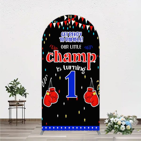 Aperturee Boxing 1st Birthday Arch Backdrop Little Champ Party Decoration Red Blue Glove Sport Background Studio Portrait Prop