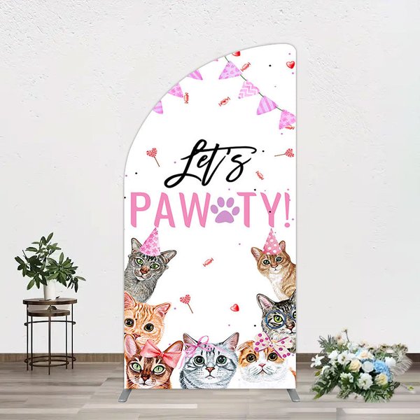 Aperturee Pink Flag Ribbons Lets Pawty Cute Cats Half Moon Arch Backdrop, 1.6 x 4 ft (0.5 x 1.2 m), 98.18 USD, arch backdrop kit, GLH0E891YL-AJ