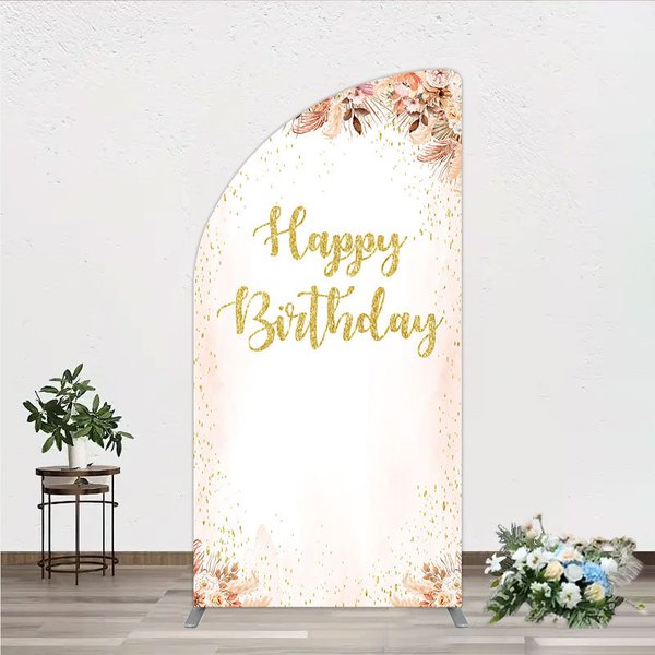 Aperturee Boho Happy Birthday Half Moon Arch Backdrop, Pampas Grass and Dried Flowers with Gold Glitter, Rustic Floral Photo Prop, 1.6x4ft (50x1