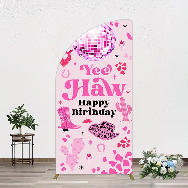 Aperturee Hot Pink Cowgirl Yee Haw Happy Birthday Half Moon Arch Backdrop, 1.6 x 4 ft (0.5 x 1.2 m), 98.18 USD, arch backdrop kit, GLH0F447YL-AJ