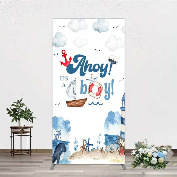 Aperturee Nautical Ahoy It is a Boy Rectangle Backdrop, Whale Lighthouse and Anchor Baby Shower Decoration