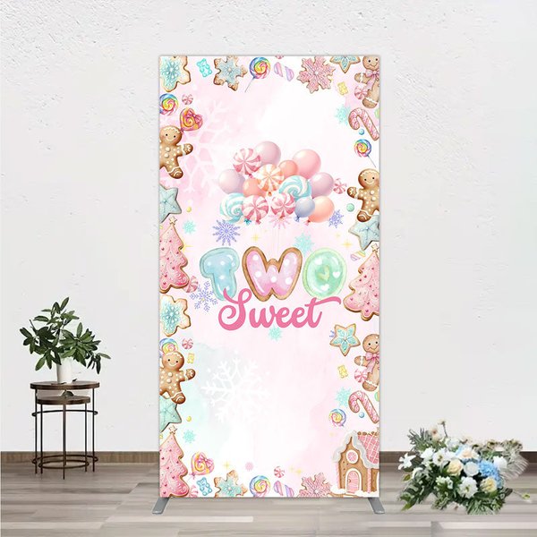 Aperturee Two Sweet Birthday Rectangle Backdrop for 2nd Birthday, Winter Candyland with Gingerbread, Christmas Sweet Shoppe Party, 1.6x4ft (50x120cm)
