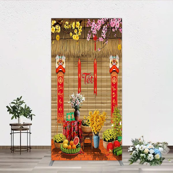 Aperturee Tet Lunar New Year Holiday Rectangle Backdrop, Vietnamese Traditional Spring Flowers and Lion Dance Background