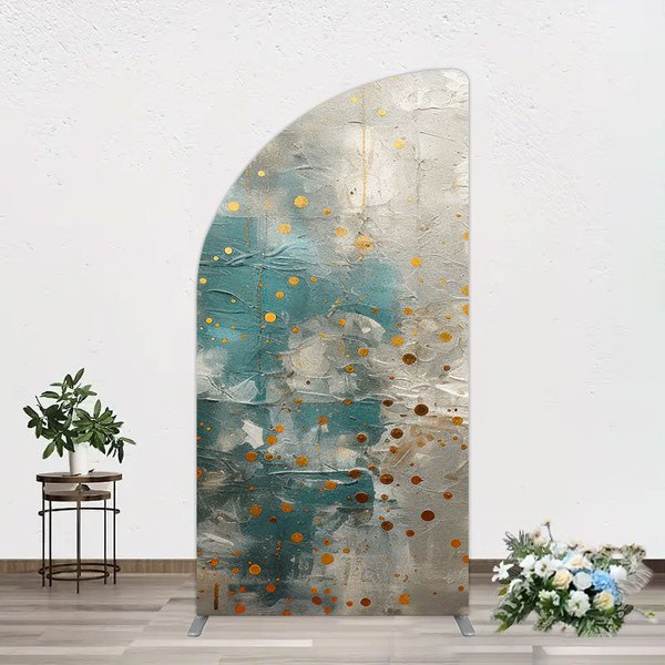 Aperturee Blue Gray Cement Wall Gold Dots Birthday Half Moon Arch Backdrop, 1.6 x 4 ft (0.5 x 1.2 m), 98.18 USD, arch backdrop kit, GMMHD3A87YL-AJ