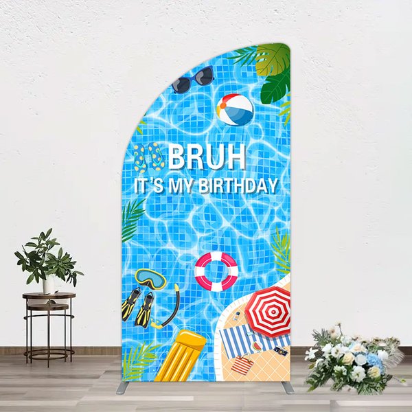 Aperturee Bruh Its My Birthday Sweet Pool Party Half Moon Arch Backdrop, 1.6 x 4 ft (0.5 x 1.2 m), 98.18 USD, arch backdrop kit, GYMAMZ0863YL-AJ