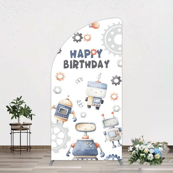 Aperturee Cartoon Robot Lovely Happy Birthday Half Moon Arch Backdrop, 1.6 x 4 ft (0.5 x 1.2 m), 98.18 USD, arch backdrop kit, GZH0E855YL-AJ