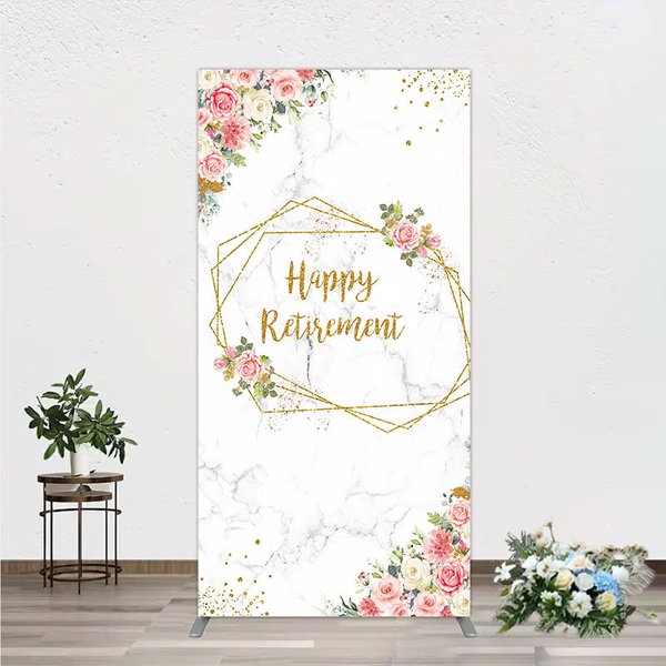 Aperturee Happy Retirement Rectangle Backdrop with Pink Floral and Gold Frame, Elegant Marble, Party Photo Booth Decor for Women, 1.6x4ft (50x120cm)