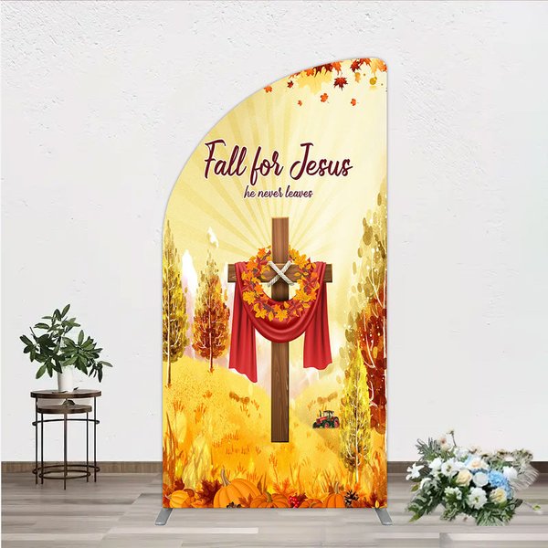 Aperturee Fall for Jesus Half Moon Arch Backdrop for Christian Autumn Festival, Cross with Pumpkins, He Never Leaves Harvest Decor, 1.6x4ft (50x120cm)