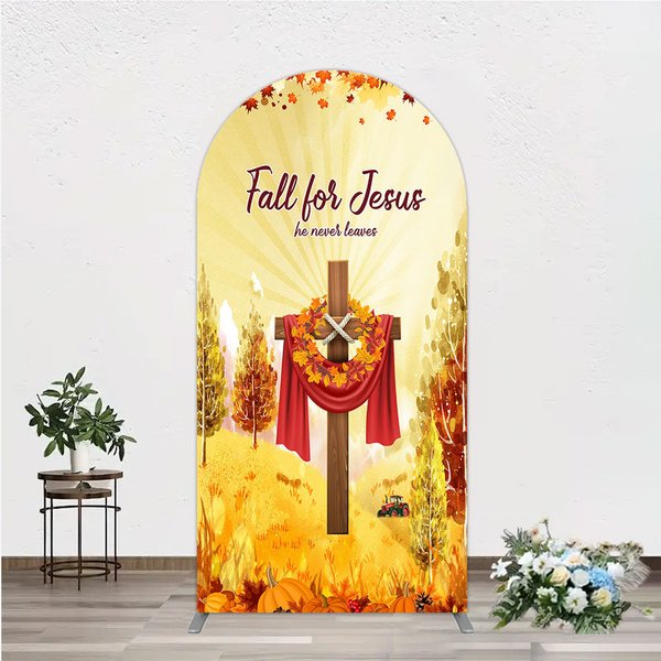 Aperturee Fall for Jesus Arch Backdrop for Christian Autumn Festival, Cross with Pumpkins, He Never Leaves Harvest Decor, 1.6x4ft (50x120cm)