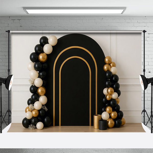 Aperturee Gold And Black Arch Balloons Cake Smash Backdrop, 3X2FT(1MX0.6M), 14 USD, birthday cake smash backdrops, HFHD3L47-M