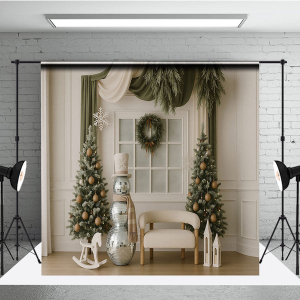 Aperturee Modern Christmas Backdrop Disco Ball Snowman Green Curtain Background Chic Winter Holiday Party Photography Prop