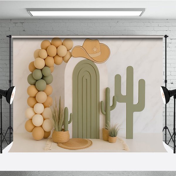 Aperturee Western Cowboy Cake Smash Backdrop, My First Rodeo and Cactus Theme, Neutral Balloon Arch First Birthday Photo Prop, 3x2ft (WxH),