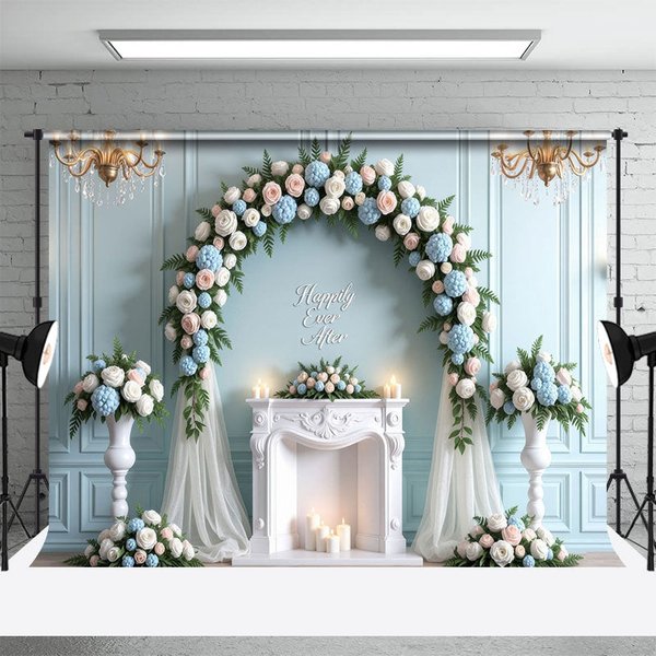 Aperturee Happily Ever After Floral Blue White Wedding Backdrop, 3X2FT(1MX0.6M), 14 USD, wedding backdrops, HFHD8K43-M