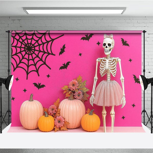 Aperturee Pink Halloween Photography Backdrop with Skeleton in a Tutu, Pink Pumpkins, Girly Gothic Spooky Party Decor, 3x2ft (WxH)
