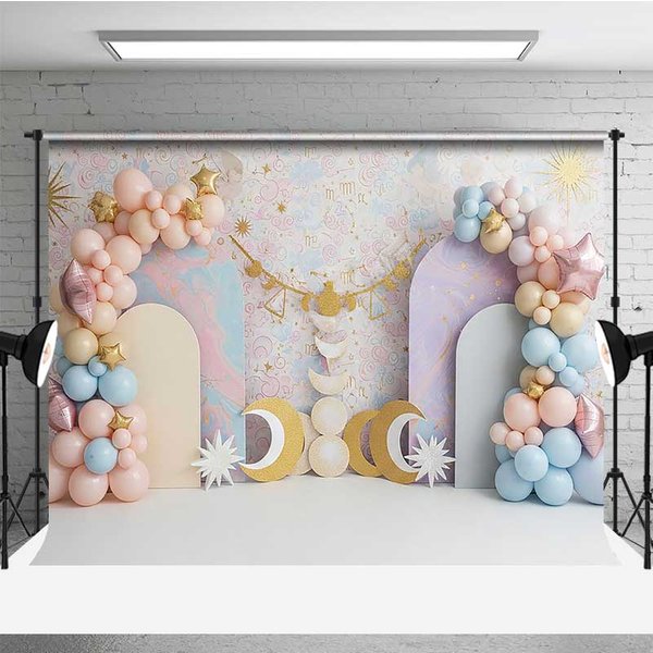 Aperturee Libra Zodiac Cake Smash Backdrop Scales and Pastel Clouds Party Background for Kids Birthday Studio