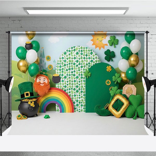 Aperturee St Patricks Day Backdrop, Lucky Leprechaun and Rainbow with Pot of Gold Green Holiday Background Studio