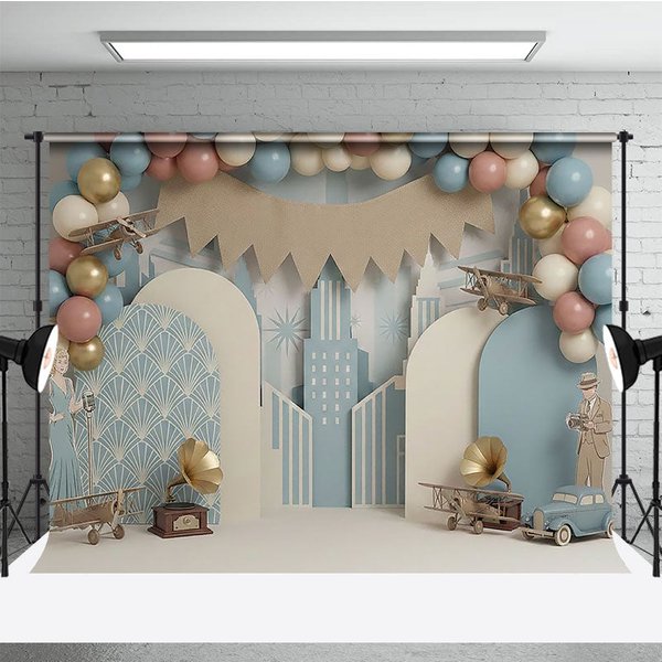 Aperturee Vintage Airplane First Birthday Backdrop, Retro Blue City and Antique Aviation Professional Photography Props
