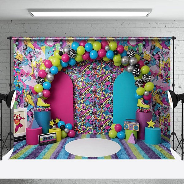 Aperturee 80s 90s Graffiti Retro Birthday Backdrop, Vibrant Neon Pattern and Roller Skate Professional Studio Prop