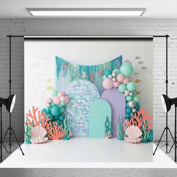 Aperturee Mermaid Scale Under the Sea Backdrop, Pastel Coral and Shell for Birthday Cake Smash Photography