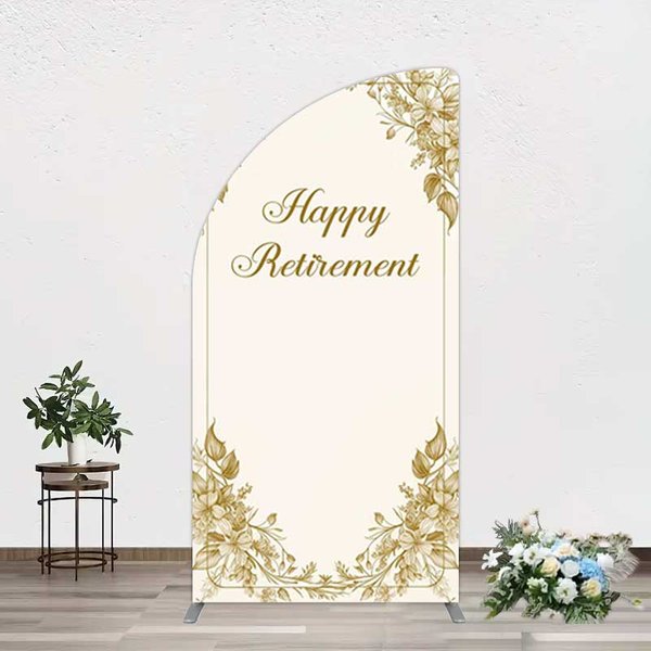 Aperturee Gold Floral Line Happy Retirement Half Moon Arch Backdrop, 1.6x4ft (50x120cm), 98.18 USD, arch backdrop kit, JWGD6Q01YL-AJ