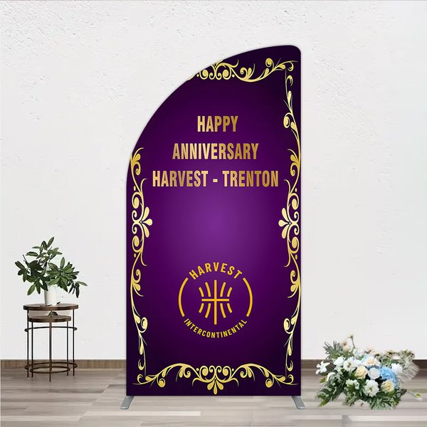 Aperturee Happy Anniversary Corporate Event Half Moon Arch Backdrop, Elegant Purple and Gold Ornate Frame, Company Party Photo Booth Decor
