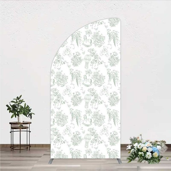 Aperturee Green Toile de Jouy Half Moon Arch Backdrop, Vintage Horse Teddy Bear and Balloon Pattern Decoration