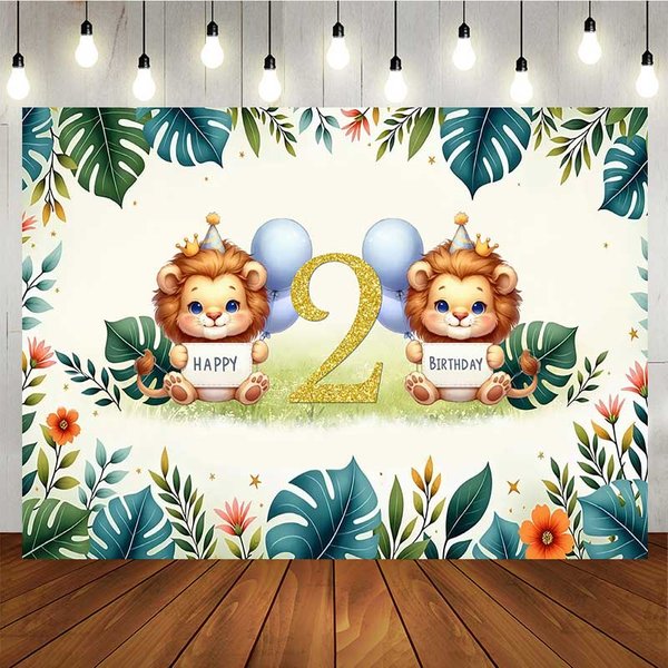Aperturee Safari Lion Second Birthday Backdrop, Two Wild Jungle Animals Party Banner, Green Tropical Leaves Photo Prop Decor, 5x3f