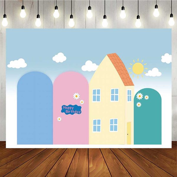 Aperturee Cute Pink Pig Cartoon Birthday Backdrop, Kids Playhouse and Sunshine Party Banner, Fun Animated Theme Photo Prop, 5x3f