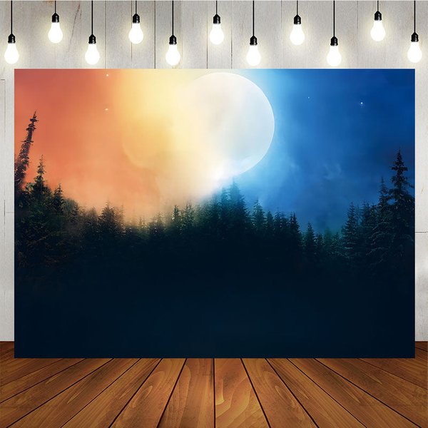 Aperturee Enchanted Forest at Night Photography Backdrop, Magical Full Moon and Pine Trees, Mysterious Moody Scenery Prop, 5x3f