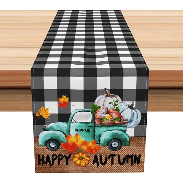 Aperturee Happy Harvest Autumn Table Runner, Vintage Truck with Pumpkins on Plaid, Rustic Farmhouse Thanksgiving Decor,
