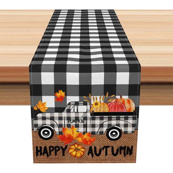 Aperturee Autumn Pumpkin Truck Table Runner, Black Plaid with Vintage Farm Truck, Rustic Harvest Thanksgiving Decor,