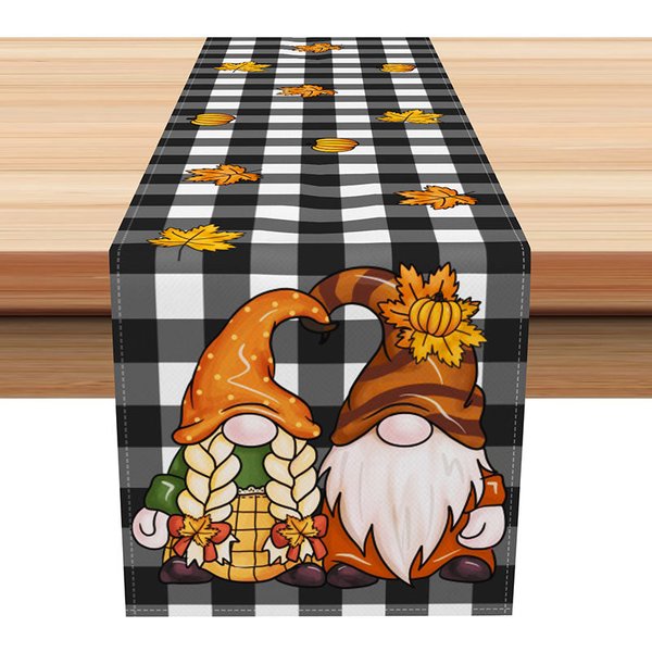 Aperturee Autumn Gnome and Plaid Table Runner, Scandinavian Dwarf Doll with Pumpkins, Rustic Fall Thanksgiving Decor,