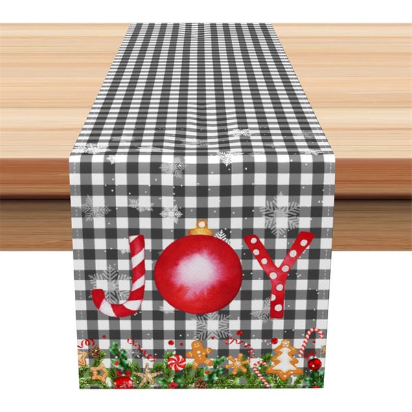 Aperturee Christmas Table Runner, Black and White Gingham Check, Joy Red Ornament Farmhouse Holiday Table Decor