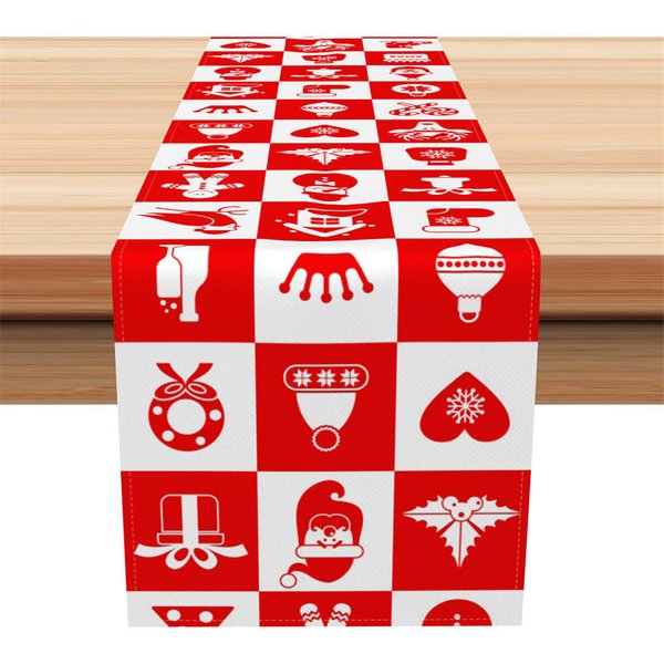 Aperturee Christmas Table Runner, Red and White Checkered Icon Pattern, Santa Snowflake Holiday Table Decor