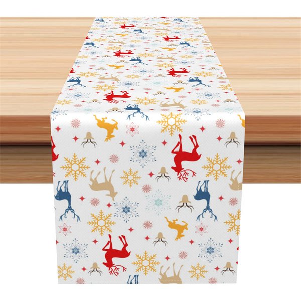 Aperturee Christmas Reindeer Table Runner, White with Colorful Deer, Red Blue Gold Snowflakes Holiday Table Decor