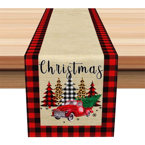 Aperturee Farmhouse Christmas Table Runner, Burlap Runner with Red Truck, Red Buffalo Plaid Border Table Decor